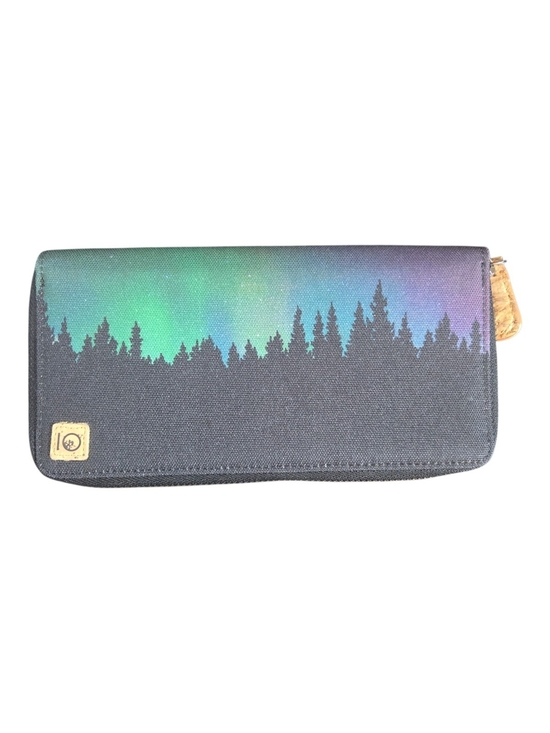 tentree Handbags - tentree Aurora Borealis Forest Print Zip Wallet in Black and Green 8" X 4"